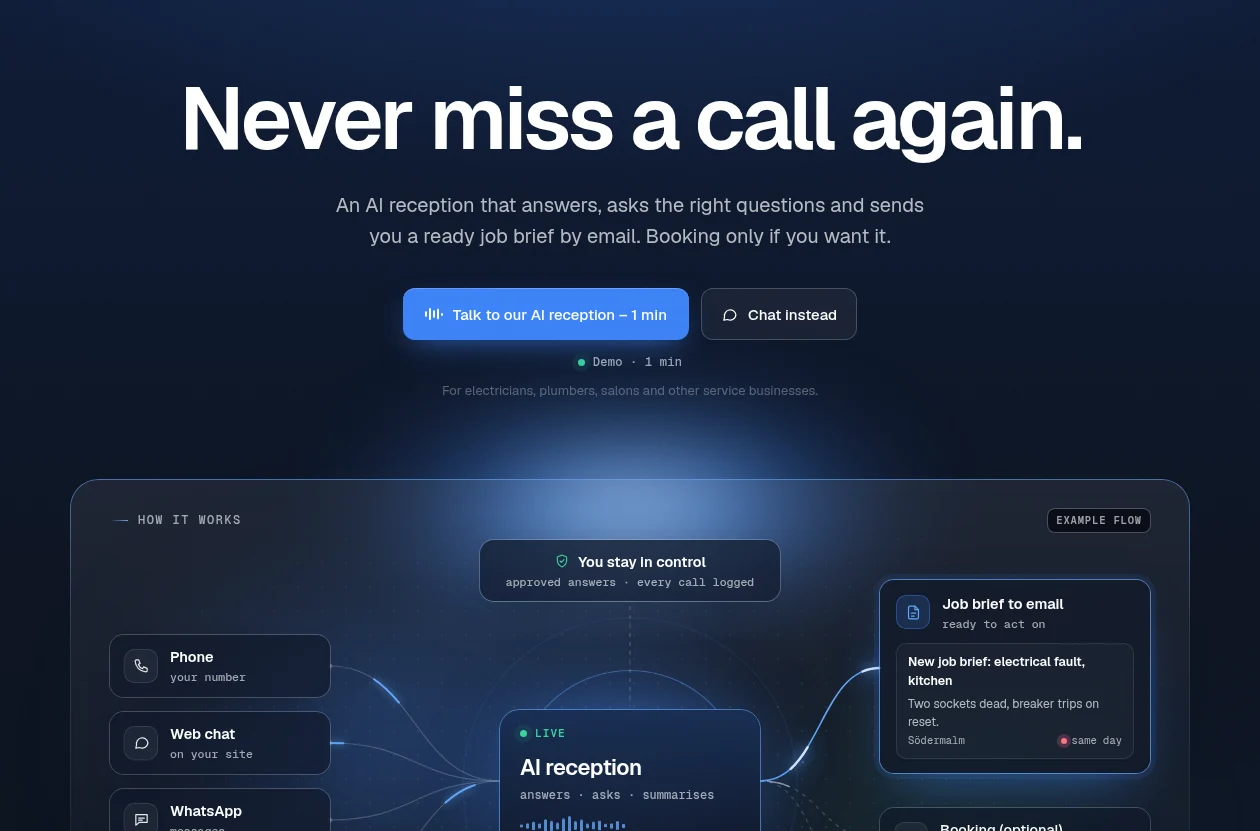 Vanclaro website: “Never miss a call again.” An AI reception that answers, asks the right questions and sends a ready job brief